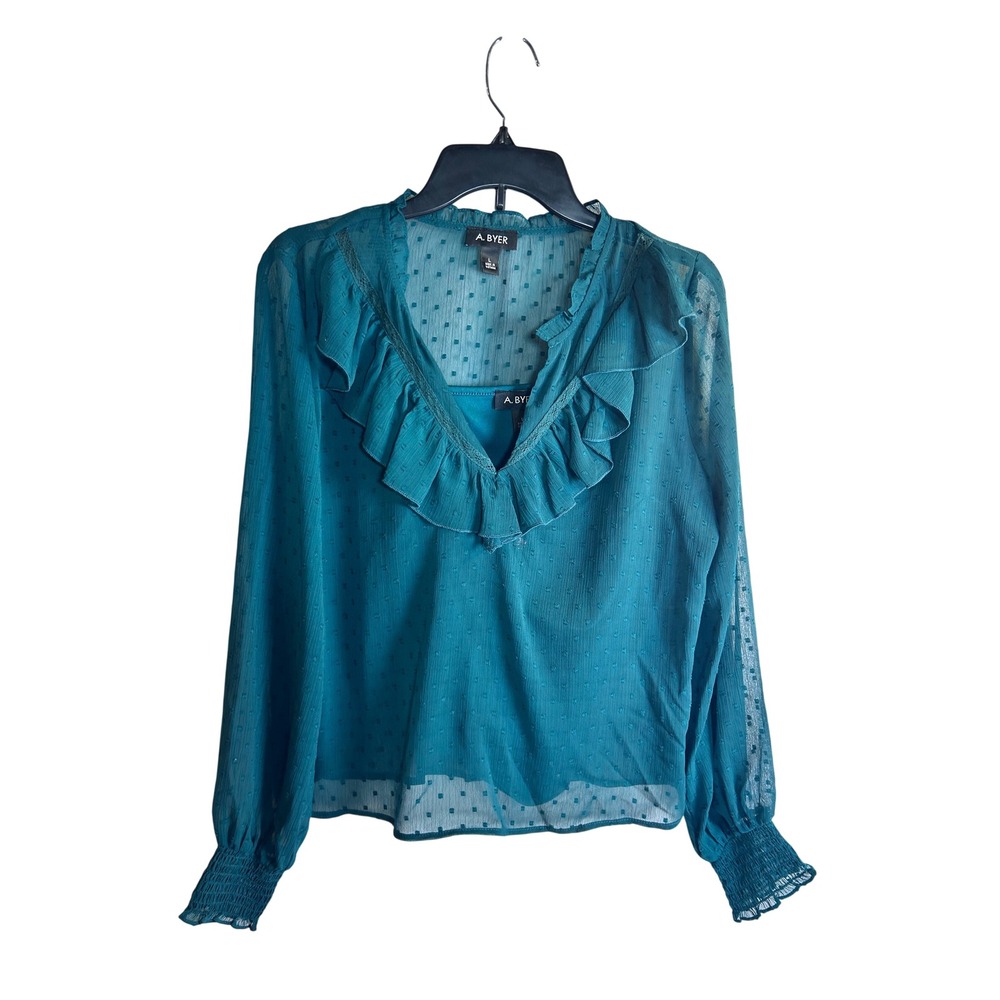 A. Byer Ruffle V-Neck Blouse Size L Evergreen Clip Dot Sheer Top Women